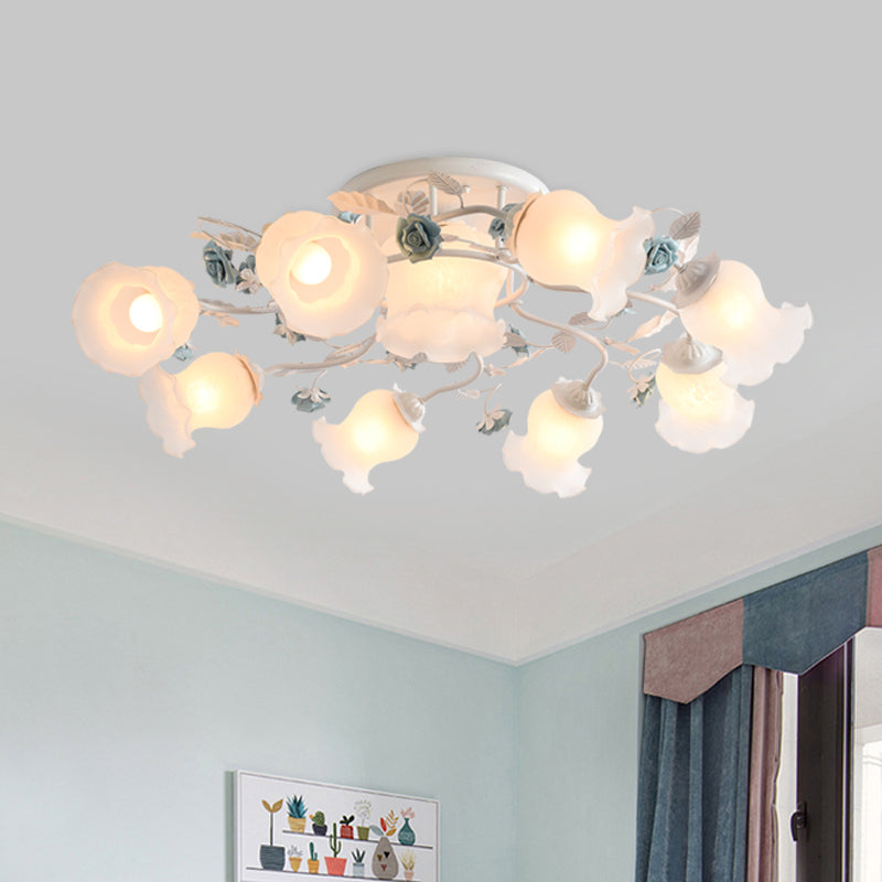 Frosted Glass Bud Semi Flush Chandelier Countryside 3/5/9-Bulb Dining Room Ceiling Mount Lamp in Pink/Blue/Blue-White Clearhalo 'Ceiling Lights' 'Close To Ceiling Lights' 'Close to ceiling' 'Glass shade' 'Glass' 'Semi-flushmount' Lighting' 863169