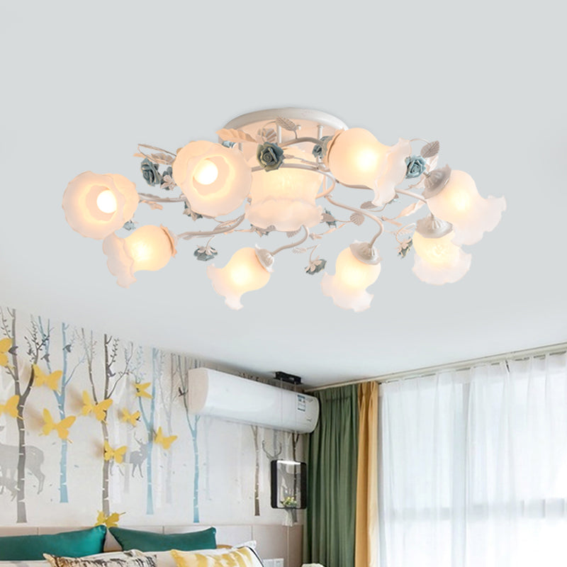 Frosted Glass Bud Semi Flush Chandelier Countryside 3/5/9-Bulb Dining Room Ceiling Mount Lamp in Pink/Blue/Blue-White Clearhalo 'Ceiling Lights' 'Close To Ceiling Lights' 'Close to ceiling' 'Glass shade' 'Glass' 'Semi-flushmount' Lighting' 863170