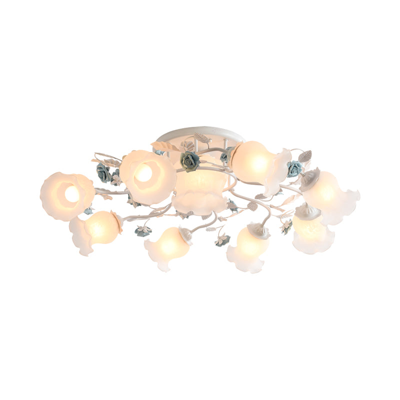 Frosted Glass Bud Semi Flush Chandelier Countryside 3/5/9-Bulb Dining Room Ceiling Mount Lamp in Pink/Blue/Blue-White Clearhalo 'Ceiling Lights' 'Close To Ceiling Lights' 'Close to ceiling' 'Glass shade' 'Glass' 'Semi-flushmount' Lighting' 863171
