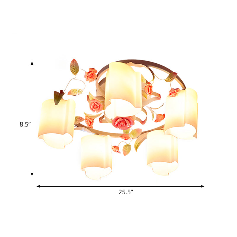 3/5-Head Floral Ceiling Flush Romantic Pastoral White/Yellow Frosted Glass Semi Flush Mount Chandelier Clearhalo 'Ceiling Lights' 'Close To Ceiling Lights' 'Close to ceiling' 'Glass shade' 'Glass' 'Semi-flushmount' Lighting' 863204