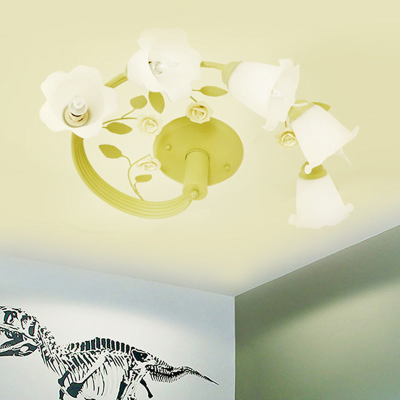 Green Twisted Flower Vine Flush Light Pastoral Milk Glass 5-Light Living Room Semi Flush Ceiling Light Green Clearhalo 'Ceiling Lights' 'Close To Ceiling Lights' 'Close to ceiling' 'Glass shade' 'Glass' 'Pendant Lights' 'Semi-flushmount' Lighting' 863215