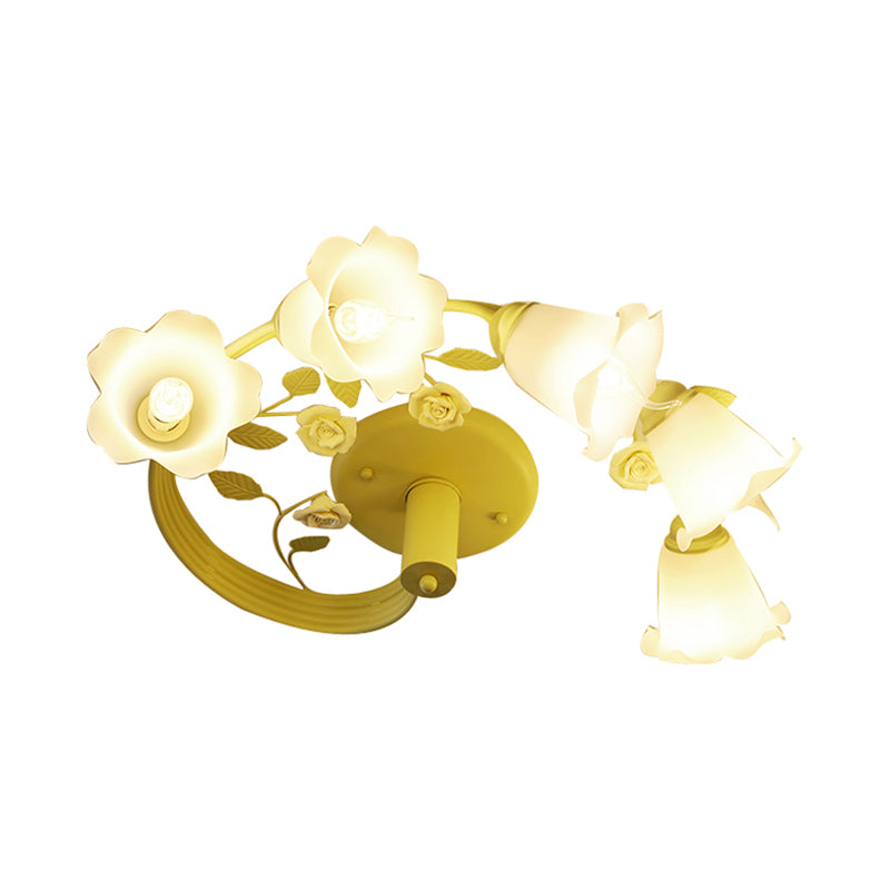 Green Twisted Flower Vine Flush Light Pastoral Milk Glass 5-Light Living Room Semi Flush Ceiling Light Clearhalo 'Ceiling Lights' 'Close To Ceiling Lights' 'Close to ceiling' 'Glass shade' 'Glass' 'Pendant Lights' 'Semi-flushmount' Lighting' 863216