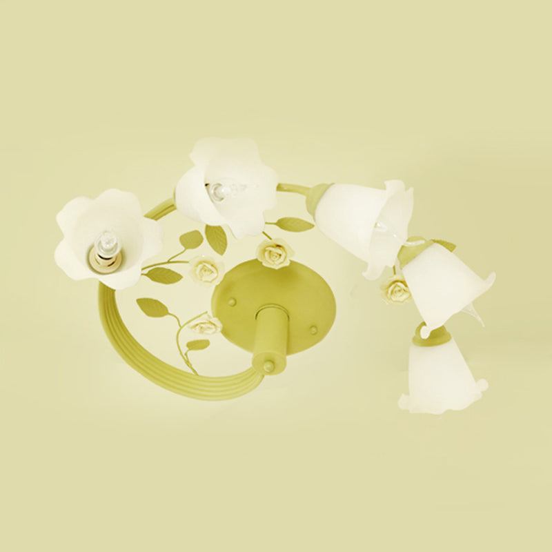 Green Twisted Flower Vine Flush Light Pastoral Milk Glass 5-Light Living Room Semi Flush Ceiling Light Clearhalo 'Ceiling Lights' 'Close To Ceiling Lights' 'Close to ceiling' 'Glass shade' 'Glass' 'Pendant Lights' 'Semi-flushmount' Lighting' 863217