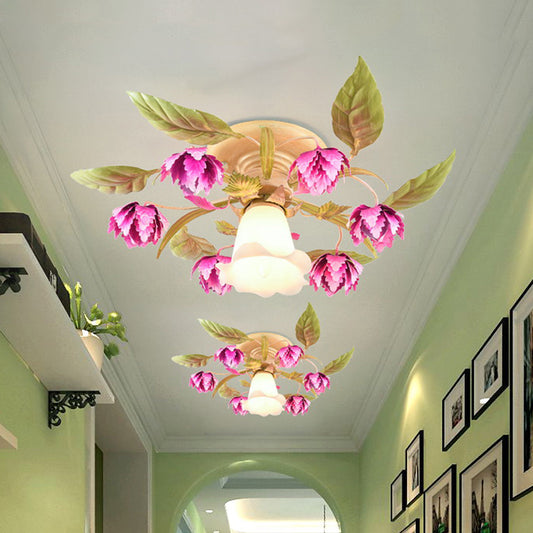 Rose Red 1/4-Bulb Ceiling Mount Light Korean Garden Frosted Glass Flowering Semi Flush Light Fixture for Corridor 1 Rose Red Clearhalo 'Ceiling Lights' 'Close To Ceiling Lights' 'Close to ceiling' 'Glass shade' 'Glass' 'Semi-flushmount' Lighting' 863219