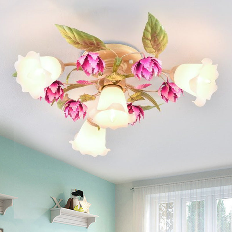 Rose Red 1/4-Bulb Ceiling Mount Light Korean Garden Frosted Glass Flowering Semi Flush Light Fixture for Corridor 4 Rose Red Clearhalo 'Ceiling Lights' 'Close To Ceiling Lights' 'Close to ceiling' 'Glass shade' 'Glass' 'Semi-flushmount' Lighting' 863223