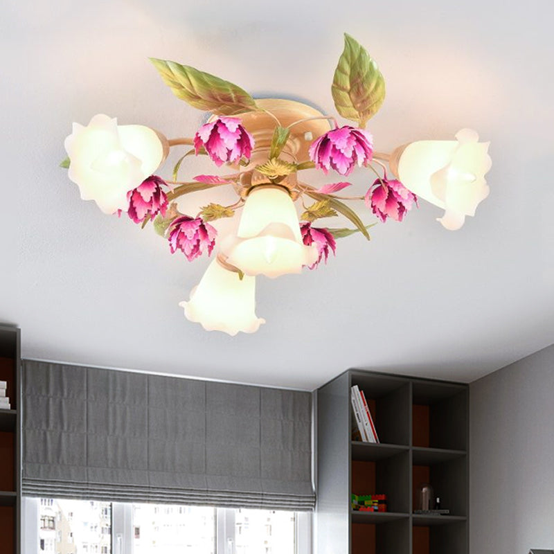 Rose Red 1/4-Bulb Ceiling Mount Light Korean Garden Frosted Glass Flowering Semi Flush Light Fixture for Corridor Clearhalo 'Ceiling Lights' 'Close To Ceiling Lights' 'Close to ceiling' 'Glass shade' 'Glass' 'Semi-flushmount' Lighting' 863224