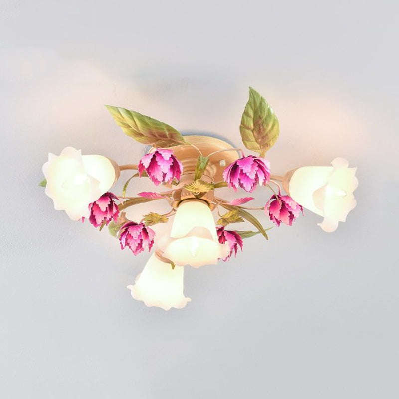 Rose Red 1/4-Bulb Ceiling Mount Light Korean Garden Frosted Glass Flowering Semi Flush Light Fixture for Corridor Clearhalo 'Ceiling Lights' 'Close To Ceiling Lights' 'Close to ceiling' 'Glass shade' 'Glass' 'Semi-flushmount' Lighting' 863226