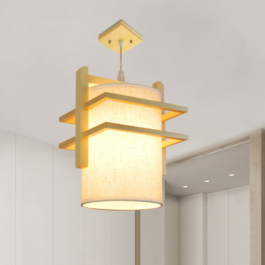 Fabric Cylindrical Hanging Lamp Kit Asian Style 1 Head Beige Ceiling Suspension Light with Wood Shelf Clearhalo 'Ceiling Lights' 'Pendant Lights' 'Pendants' Lighting' 863281