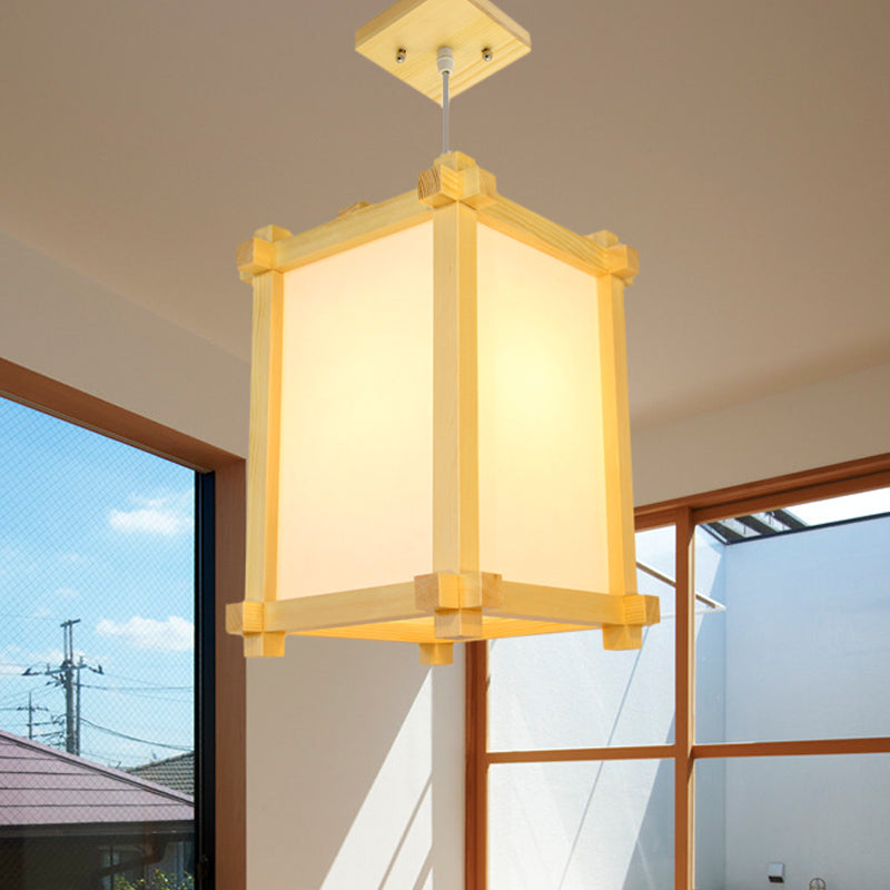 Box Shape Pendant Light Fixture Japanese-Style Wood 1 Bulb Restaurant Hanging Lamp in Beige Clearhalo 'Ceiling Lights' 'Modern Pendants' 'Modern' 'Pendant Lights' 'Pendants' Lighting' 863286