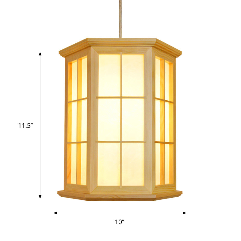 Wood Hexagon Pendulum Light Japanese Style 1-Head Hanging Ceiling Lamp in Beige for Tea Room Clearhalo 'Ceiling Lights' 'Pendant Lights' 'Pendants' Lighting' 863296