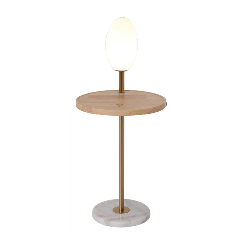 Cognac/White Glass Egg Shape Floor Lighting Modernist 1 Light Standing Floor Lamp with Wood Storage Board Clearhalo 'Floor Lamps' 'Lamps' Lighting' 863308