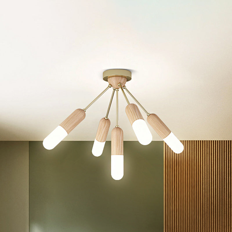 Wood Capsule Semi Mount Lighting Modernism 3/5-Light Beige Close to Ceiling Lamp for Bedroom Clearhalo 'Ceiling Lights' 'Close To Ceiling Lights' 'Close to ceiling' 'Semi-flushmount' Lighting' 863318