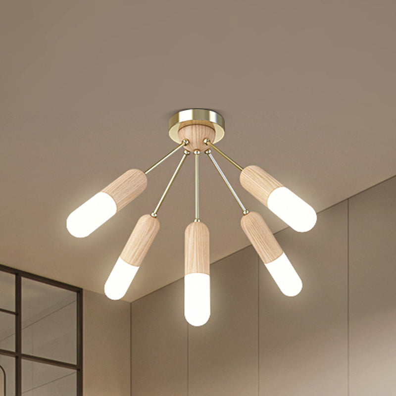 Wood Capsule Semi Mount Lighting Modernism 3/5-Light Beige Close to Ceiling Lamp for Bedroom Clearhalo 'Ceiling Lights' 'Close To Ceiling Lights' 'Close to ceiling' 'Semi-flushmount' Lighting' 863319