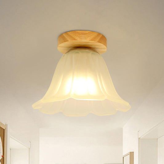 1-Head Corridor Flush Mount Lamp Modernism Wood Flushmount with Flower White Glass Shade White Clearhalo 'Ceiling Lights' 'Close To Ceiling Lights' 'Close to ceiling' 'Flush mount' Lighting' 863322