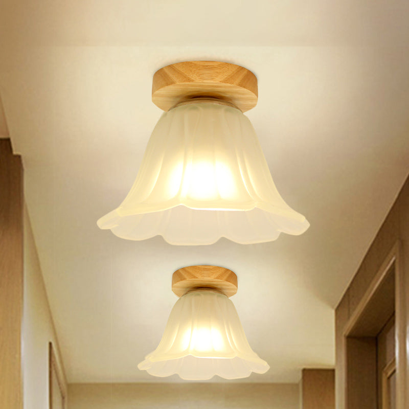 1-Head Corridor Flush Mount Lamp Modernism Wood Flushmount with Flower White Glass Shade Clearhalo 'Ceiling Lights' 'Close To Ceiling Lights' 'Close to ceiling' 'Flush mount' Lighting' 863323