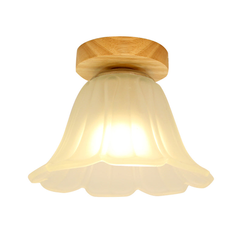 1-Head Corridor Flush Mount Lamp Modernism Wood Flushmount with Flower White Glass Shade Clearhalo 'Ceiling Lights' 'Close To Ceiling Lights' 'Close to ceiling' 'Flush mount' Lighting' 863324