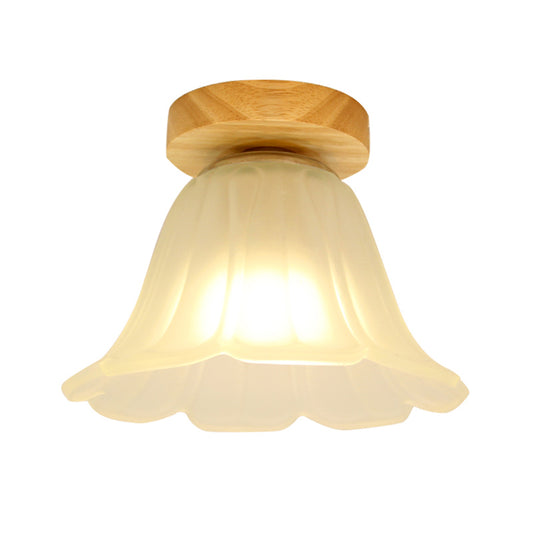 1-Head Corridor Flush Mount Lamp Modernism Wood Flushmount with Flower White Glass Shade Clearhalo 'Ceiling Lights' 'Close To Ceiling Lights' 'Close to ceiling' 'Flush mount' Lighting' 863324