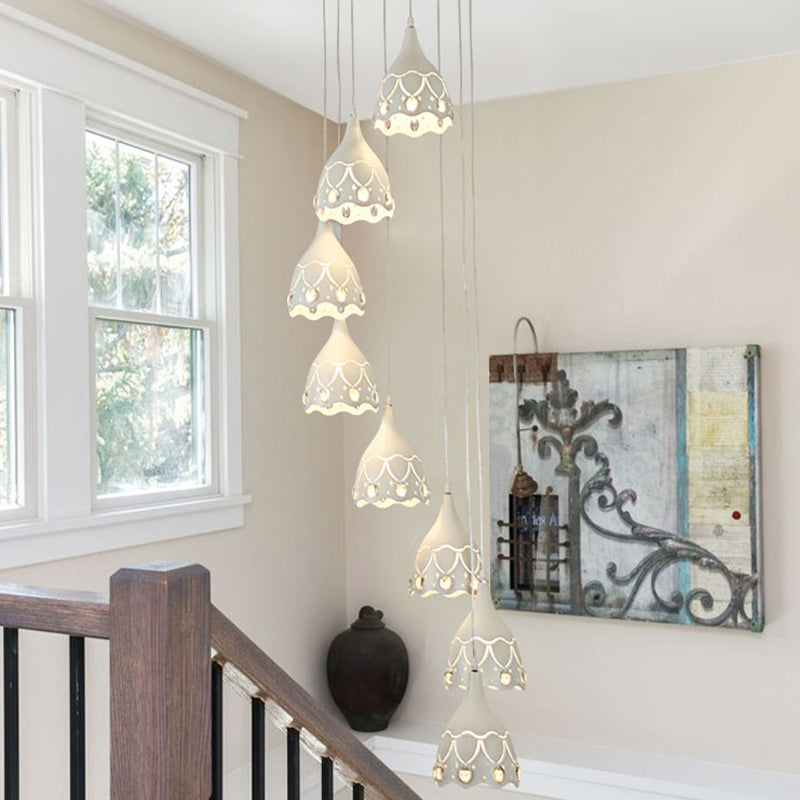 Spiral Multi Ceiling Light with Hollow Carved Design Contemporary Iron 8 Lights Stair Suspension Lamp in White White Clearhalo 'Ceiling Lights' 'Modern Pendants' 'Modern' 'Pendant Lights' 'Pendants' Lighting' 863343