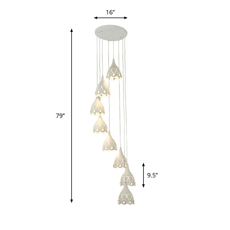 Spiral Multi Ceiling Light with Hollow Carved Design Contemporary Iron 8 Lights Stair Suspension Lamp in White Clearhalo 'Ceiling Lights' 'Modern Pendants' 'Modern' 'Pendant Lights' 'Pendants' Lighting' 863346