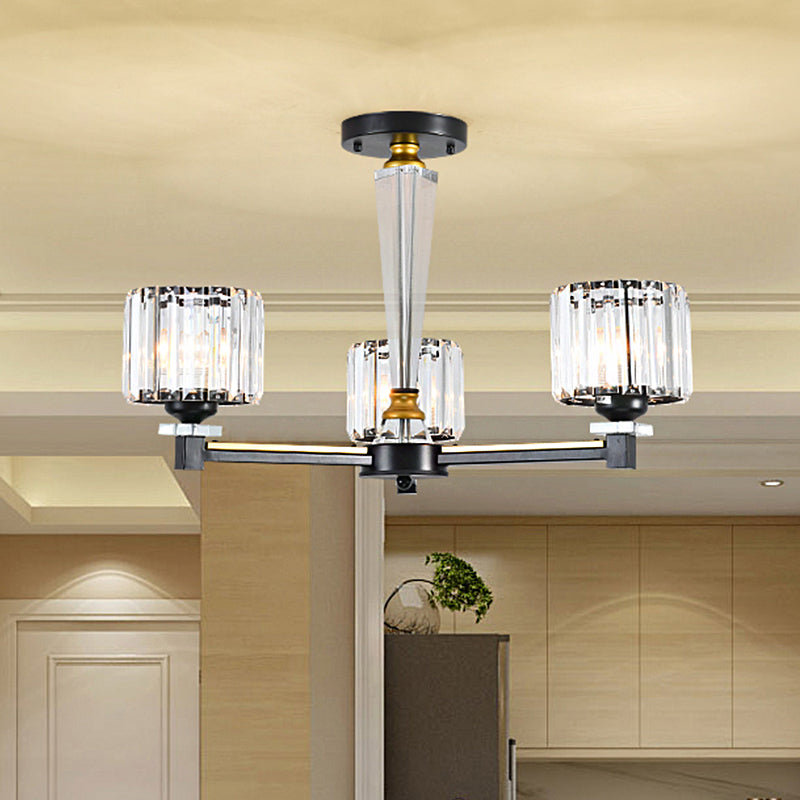 Modern Cylinder Semi Mount Lighting 3 Bulbs Clear Crystal Block Flush Light Fixture in Black Black Clearhalo 'Ceiling Lights' 'Close To Ceiling Lights' 'Close to ceiling' 'Semi-flushmount' Lighting' 863364