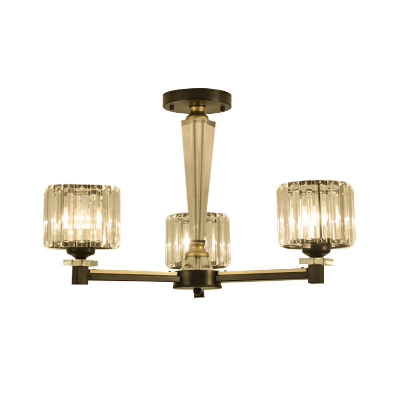 Modern Cylinder Semi Mount Lighting 3 Bulbs Clear Crystal Block Flush Light Fixture in Black Clearhalo 'Ceiling Lights' 'Close To Ceiling Lights' 'Close to ceiling' 'Semi-flushmount' Lighting' 863366