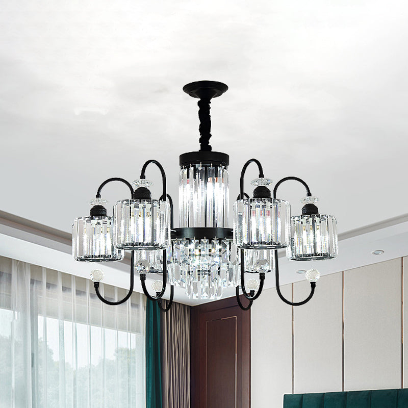 Crystal Black Chandelier Lighting Cylindrical 5/8 Heads Modernism Suspension Light with Gooseneck Arm 8 Black Clearhalo 'Ceiling Lights' 'Chandeliers' 'Modern Chandeliers' 'Modern' Lighting' 863368