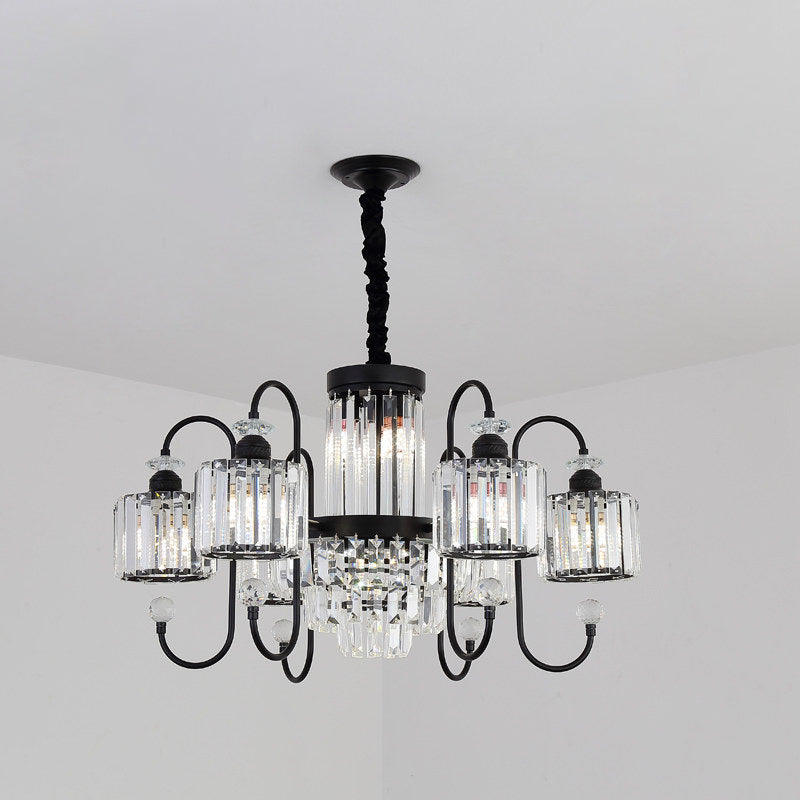 Crystal Black Chandelier Lighting Cylindrical 5/8 Heads Modernism Suspension Light with Gooseneck Arm Clearhalo 'Ceiling Lights' 'Chandeliers' 'Modern Chandeliers' 'Modern' Lighting' 863369