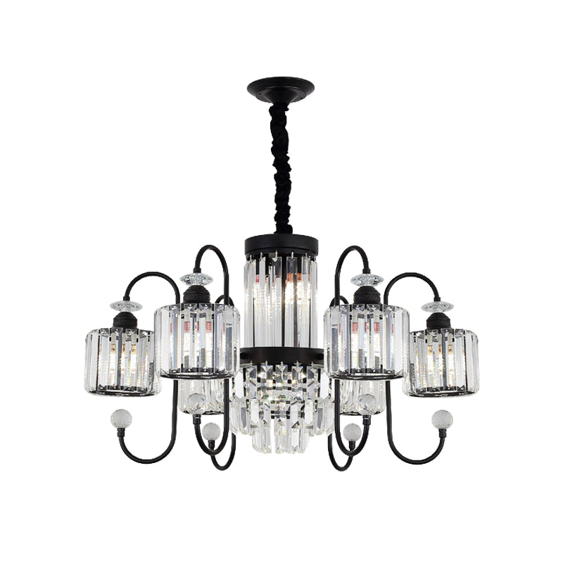 Crystal Black Chandelier Lighting Cylindrical 5/8 Heads Modernism Suspension Light with Gooseneck Arm Clearhalo 'Ceiling Lights' 'Chandeliers' 'Modern Chandeliers' 'Modern' Lighting' 863370