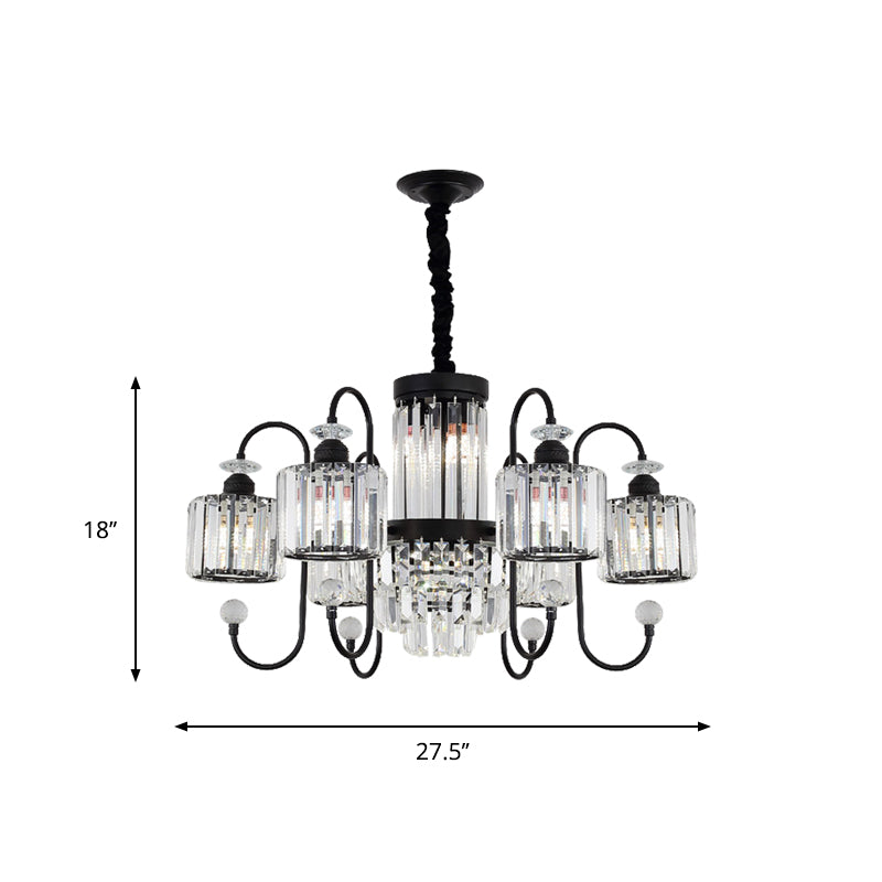 Crystal Black Chandelier Lighting Cylindrical 5/8 Heads Modernism Suspension Light with Gooseneck Arm Clearhalo 'Ceiling Lights' 'Chandeliers' 'Modern Chandeliers' 'Modern' Lighting' 863371