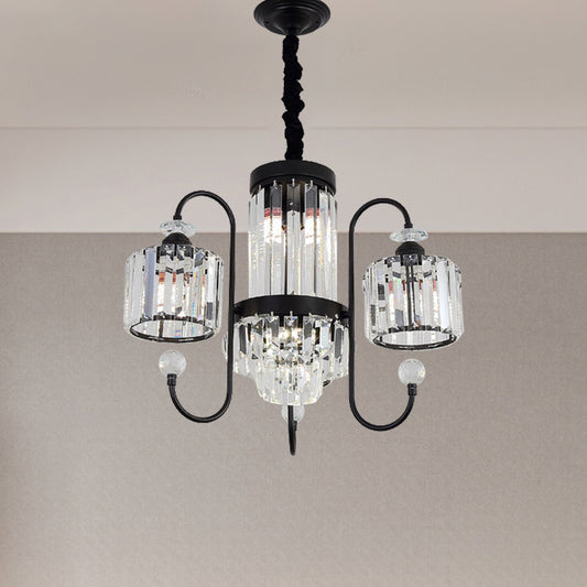 Crystal Black Chandelier Lighting Cylindrical 5/8 Heads Modernism Suspension Light with Gooseneck Arm 5 Black Clearhalo 'Ceiling Lights' 'Chandeliers' 'Modern Chandeliers' 'Modern' Lighting' 863372