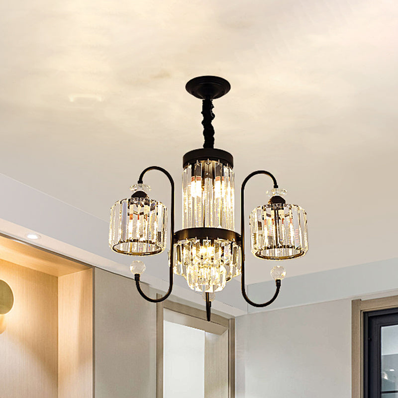 Crystal Black Chandelier Lighting Cylindrical 5/8 Heads Modernism Suspension Light with Gooseneck Arm Clearhalo 'Ceiling Lights' 'Chandeliers' 'Modern Chandeliers' 'Modern' Lighting' 863373