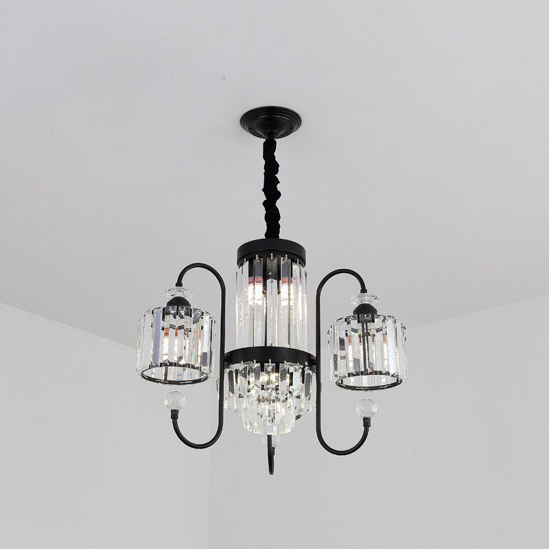 Crystal Black Chandelier Lighting Cylindrical 5/8 Heads Modernism Suspension Light with Gooseneck Arm Clearhalo 'Ceiling Lights' 'Chandeliers' 'Modern Chandeliers' 'Modern' Lighting' 863374