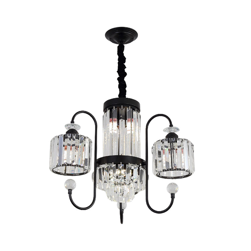 Crystal Black Chandelier Lighting Cylindrical 5/8 Heads Modernism Suspension Light with Gooseneck Arm Clearhalo 'Ceiling Lights' 'Chandeliers' 'Modern Chandeliers' 'Modern' Lighting' 863375