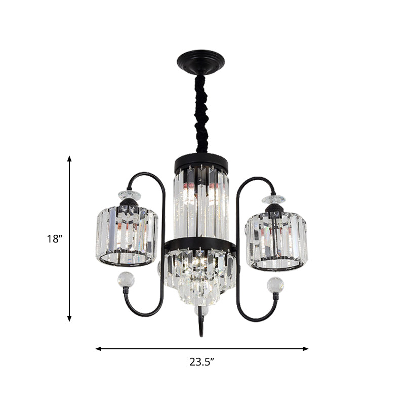 Crystal Black Chandelier Lighting Cylindrical 5/8 Heads Modernism Suspension Light with Gooseneck Arm Clearhalo 'Ceiling Lights' 'Chandeliers' 'Modern Chandeliers' 'Modern' Lighting' 863376