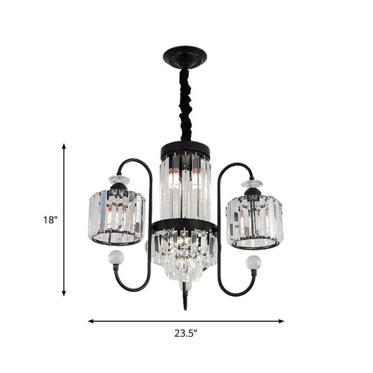 Crystal Black Chandelier Lighting Cylindrical 5/8 Heads Modernism Suspension Light with Gooseneck Arm Clearhalo 'Ceiling Lights' 'Chandeliers' 'Modern Chandeliers' 'Modern' Lighting' 863376