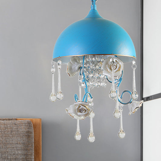 3 Bulbs Dome Chandelier Blue Iron Pendant Lighting with Rose Decor and Clear Crystal Drop Blue Clearhalo 'Ceiling Lights' 'Chandeliers' 'Modern Chandeliers' 'Modern' Lighting' 863377