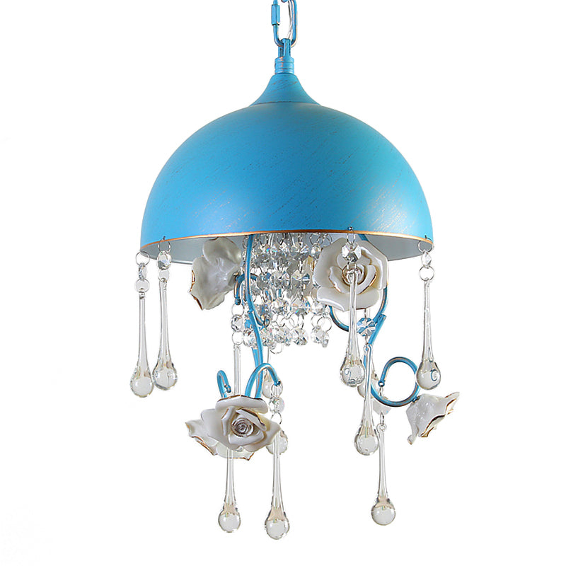 3 Bulbs Dome Chandelier Blue Iron Pendant Lighting with Rose Decor and Clear Crystal Drop Clearhalo 'Ceiling Lights' 'Chandeliers' 'Modern Chandeliers' 'Modern' Lighting' 863378