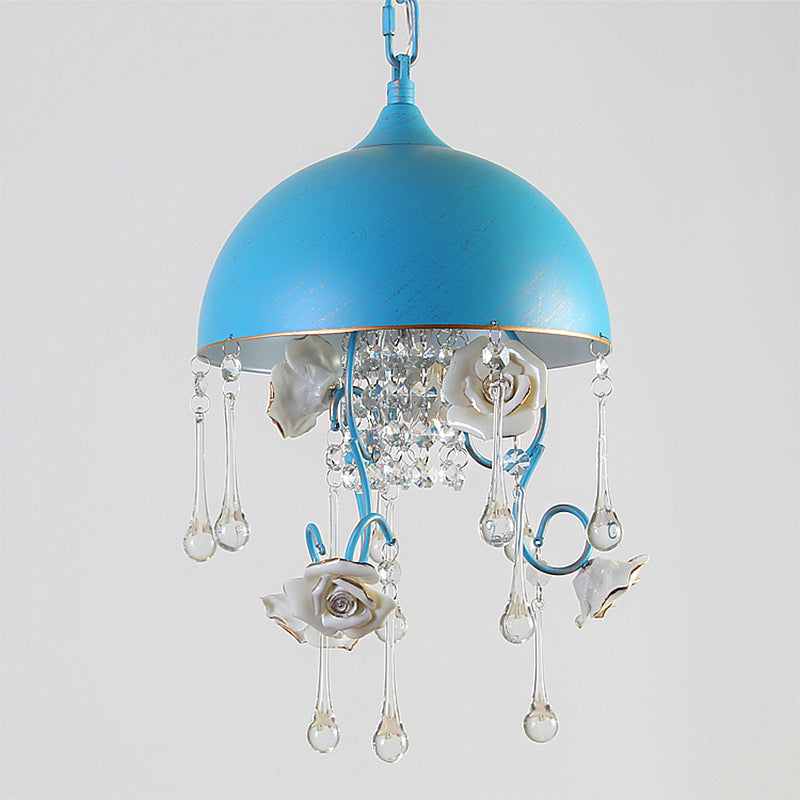 3 Bulbs Dome Chandelier Blue Iron Pendant Lighting with Rose Decor and Clear Crystal Drop Clearhalo 'Ceiling Lights' 'Chandeliers' 'Modern Chandeliers' 'Modern' Lighting' 863379