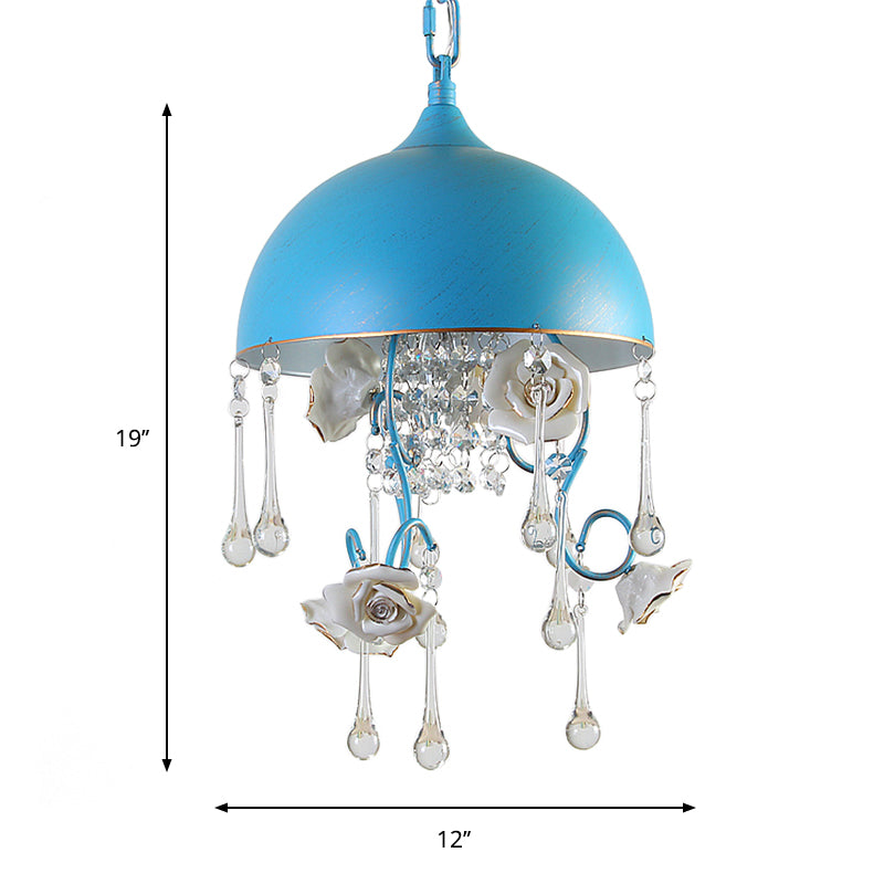 3 Bulbs Dome Chandelier Blue Iron Pendant Lighting with Rose Decor and Clear Crystal Drop Clearhalo 'Ceiling Lights' 'Chandeliers' 'Modern Chandeliers' 'Modern' Lighting' 863380