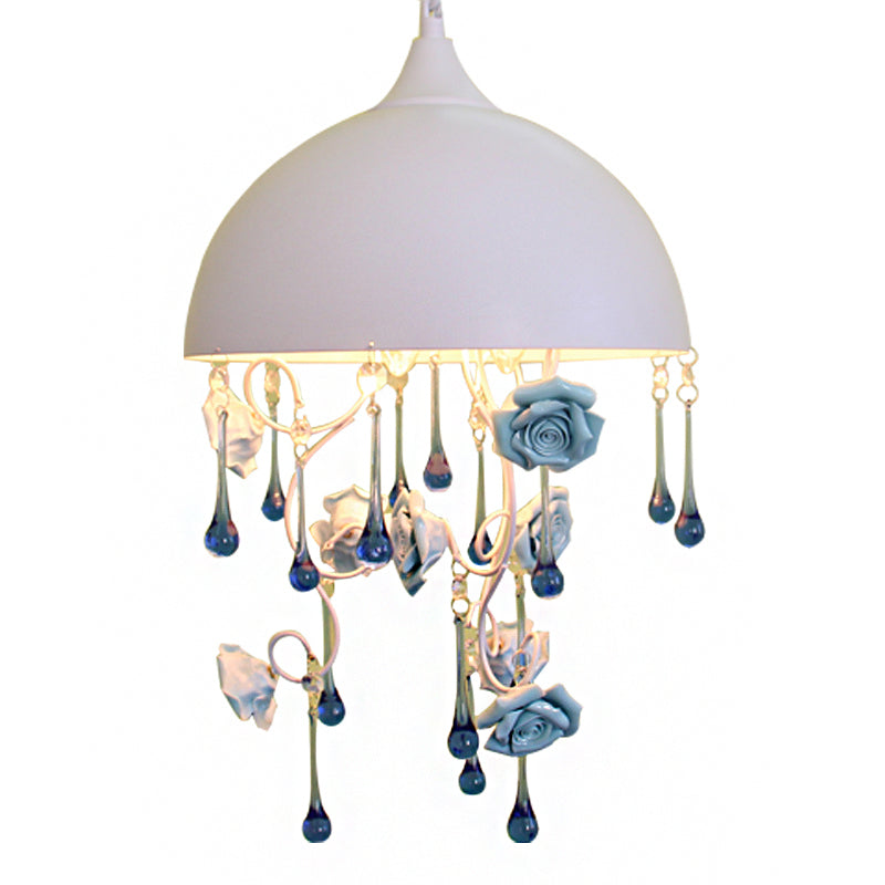 Dome Iron Pendant Chandelier Modern 3 Lights Living Room Drop Lamp in White with Rose and Crystal Accent Clearhalo 'Ceiling Lights' 'Chandeliers' 'Modern Chandeliers' 'Modern' Lighting' 863383