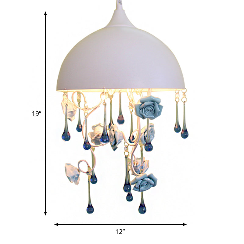 Dome Iron Pendant Chandelier Modern 3 Lights Living Room Drop Lamp in White with Rose and Crystal Accent Clearhalo 'Ceiling Lights' 'Chandeliers' 'Modern Chandeliers' 'Modern' Lighting' 863384