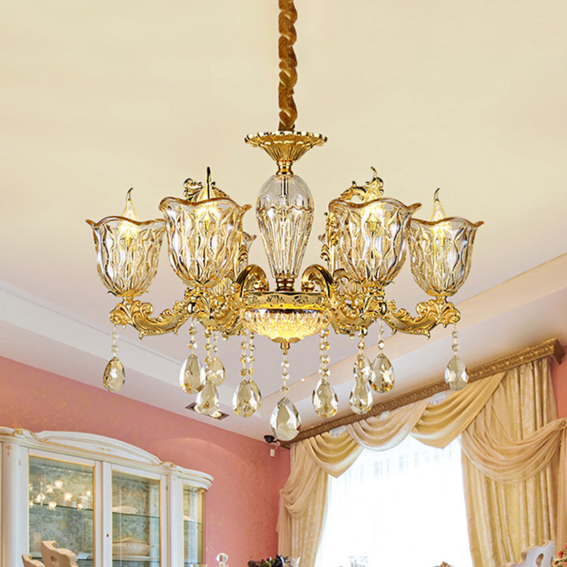 Champagne 6/8 Heads Chandelier Modernism Amber Crystal Flower Hanging Light Fixture with Carved Arm Clearhalo 'Ceiling Lights' 'Chandeliers' Lighting' options 863403