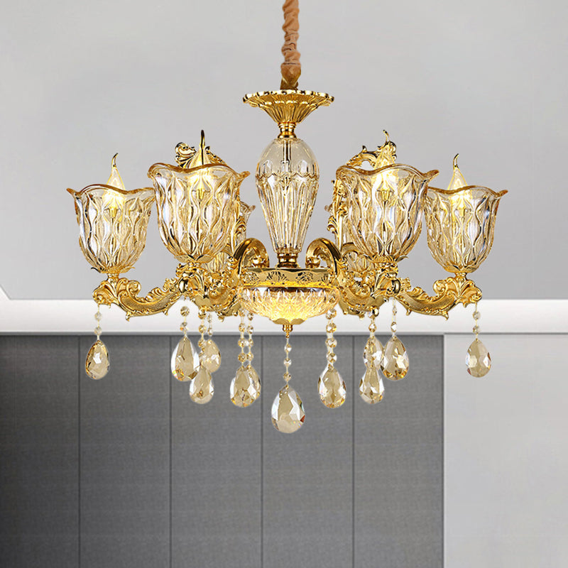 Champagne 6/8 Heads Chandelier Modernism Amber Crystal Flower Hanging Light Fixture with Carved Arm Clearhalo 'Ceiling Lights' 'Chandeliers' Lighting' options 863404