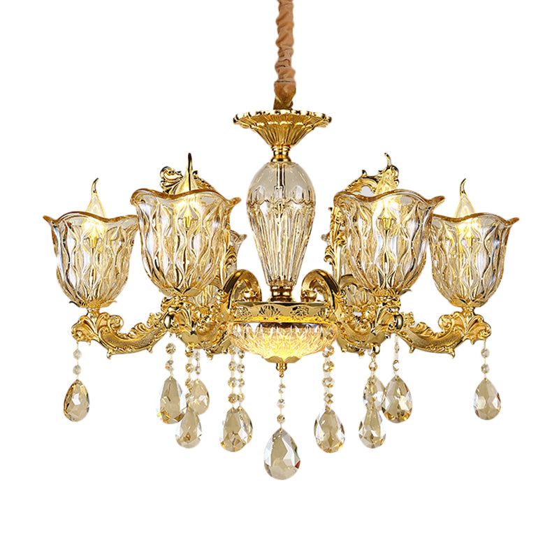 Champagne 6/8 Heads Chandelier Modernism Amber Crystal Flower Hanging Light Fixture with Carved Arm Clearhalo 'Ceiling Lights' 'Chandeliers' Lighting' options 863405