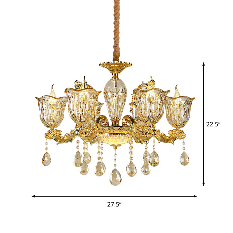 Champagne 6/8 Heads Chandelier Modernism Amber Crystal Flower Hanging Light Fixture with Carved Arm Clearhalo 'Ceiling Lights' 'Chandeliers' Lighting' options 863406