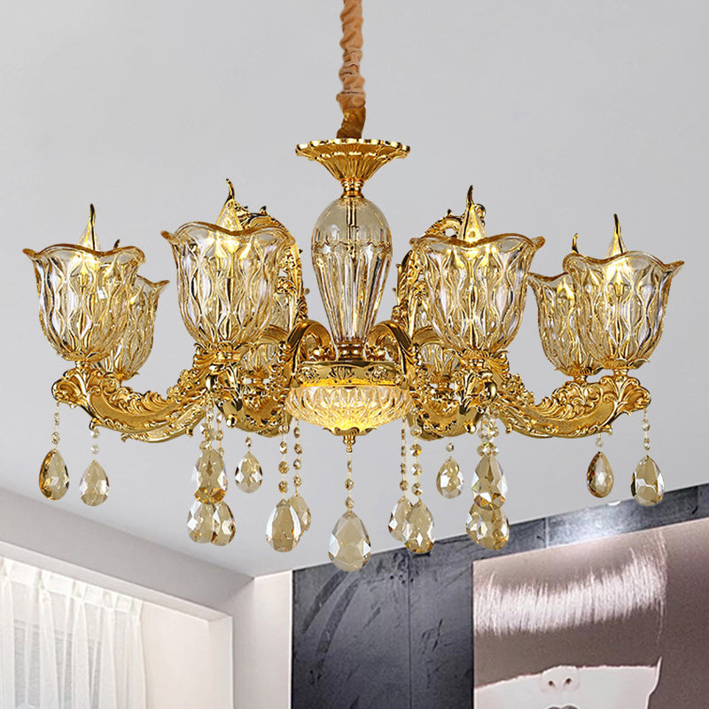 Champagne 6/8 Heads Chandelier Modernism Amber Crystal Flower Hanging Light Fixture with Carved Arm Clearhalo 'Ceiling Lights' 'Chandeliers' Lighting' options 863407