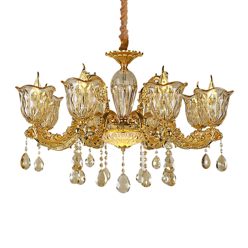 Champagne 6/8 Heads Chandelier Modernism Amber Crystal Flower Hanging Light Fixture with Carved Arm Clearhalo 'Ceiling Lights' 'Chandeliers' Lighting' options 863409