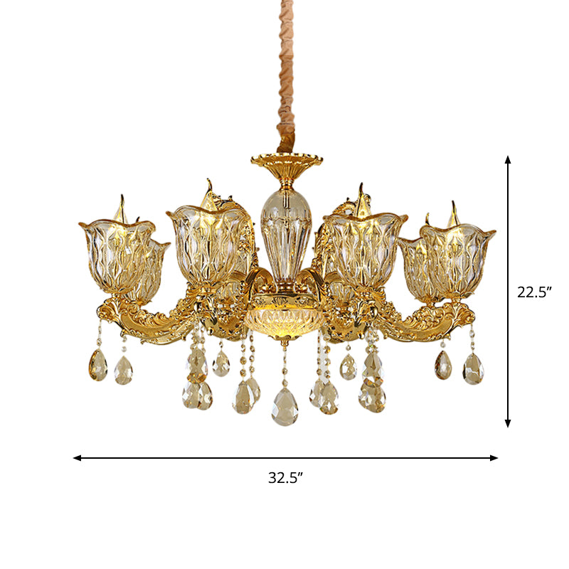 Champagne 6/8 Heads Chandelier Modernism Amber Crystal Flower Hanging Light Fixture with Carved Arm Clearhalo 'Ceiling Lights' 'Chandeliers' Lighting' options 863411