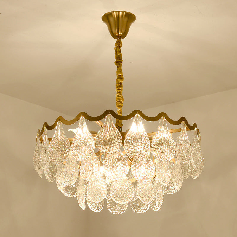 Tiered Bedroom Chandelier Lamp Postmodern Clear K9 Crystal 8 Bulbs Brass Suspension Light Brass Clearhalo 'Ceiling Lights' 'Chandeliers' 'Modern Chandeliers' 'Modern' Lighting' 863416