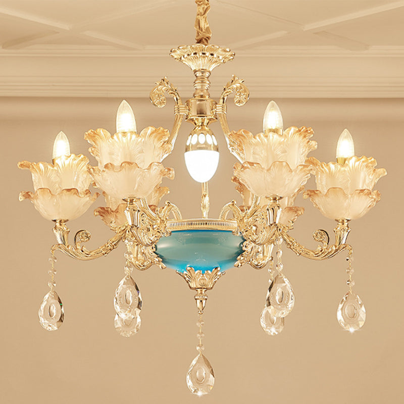 Gold Floral Chandelier Lighting Mid Century Frosted Glass 6/8 Heads Bedroom Pendant with Crystal Drop Clearhalo 'Ceiling Lights' 'Chandeliers' Lighting' options 863420